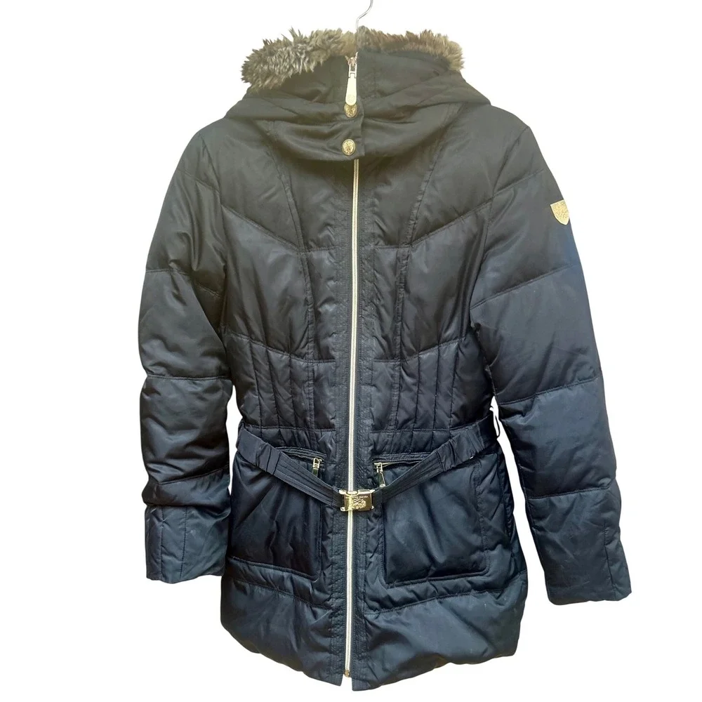 Vince Camuto Women's Black Belted Faux Fur Hooded Down Puffer‎ Coat Size M